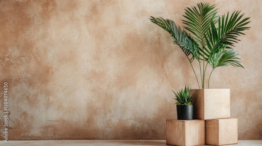 Fototapeta premium Modern Minimalist Interior with Exotic Green Plants on Wooden Blocks