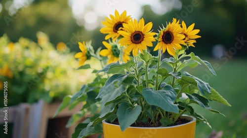 Bright yellow sunflowers growing in a small ceramic pot on a table