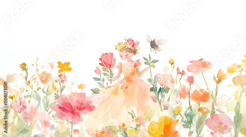 Flower fairy with a floral dress. watercolor illustration. Fairy and Flowers watercolor girls nursery resorce. cover poster copy space cute soft watercolor painting on white backgorund photo