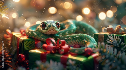 Festive Green Snake Coiled on Christmas Presents with Sparkling Lights