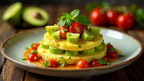 Peruvian causa limeña, layered potato and avocado dish with vibrant colors, set on a festive holiday table photo