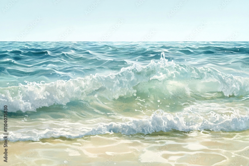 A serene ocean wave gently crashes onto a sandy beach, reflecting the calmness of a clear day. A serene ocean wave gently crashes onto a sandy beach, reflecting the calmness of a clear day.