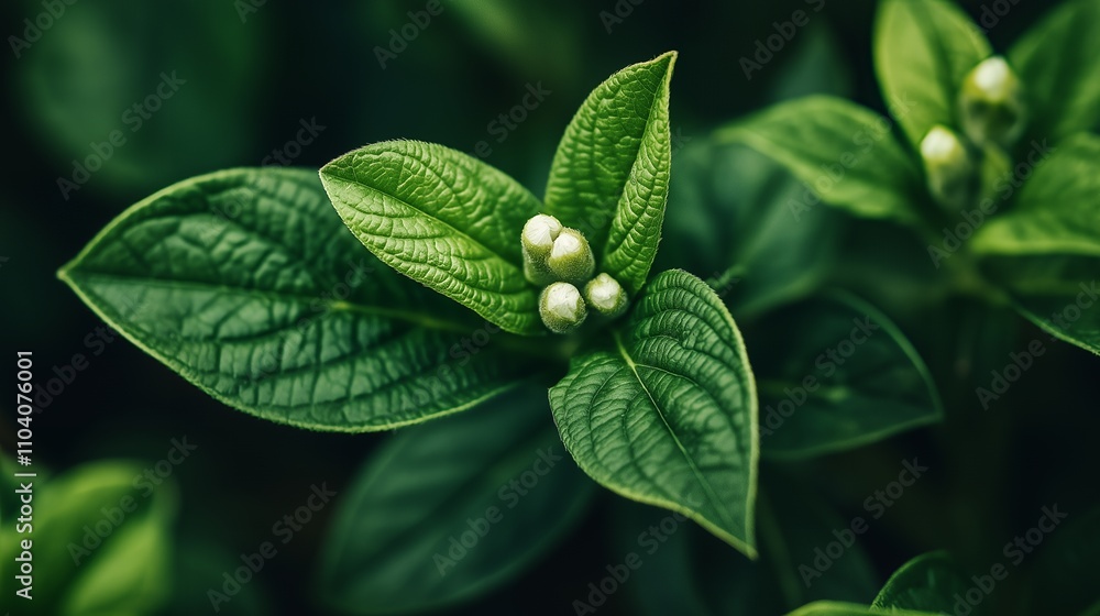 Close-up of vibrant green leaves with budding flowers, showcasing nature's beauty. Close-up of vibrant green leaves with budding flowers, showcasing nature's beauty.