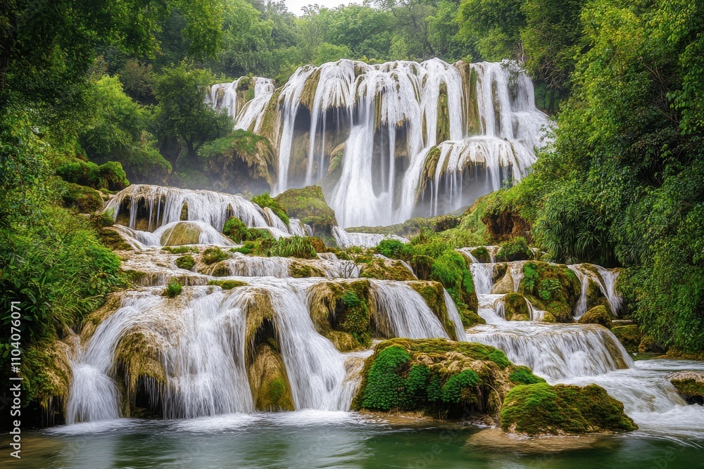 Fototapeta premium A breathtaking landscape features a cascading waterfall surrounded by lush greenery and tranquil waters.