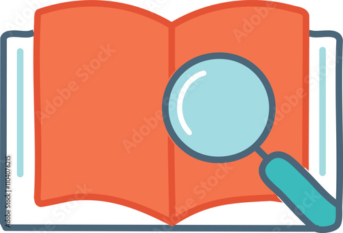 Book research magnifier. Open book with magnifying glass; symbolizes learning, discovery, and knowledge exploration.