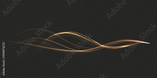 Gold curved light line, rope, spiral, tape. Smooth festive gold line png with light effects. Light golden Twirl png. Curve light effect of golden line.	
