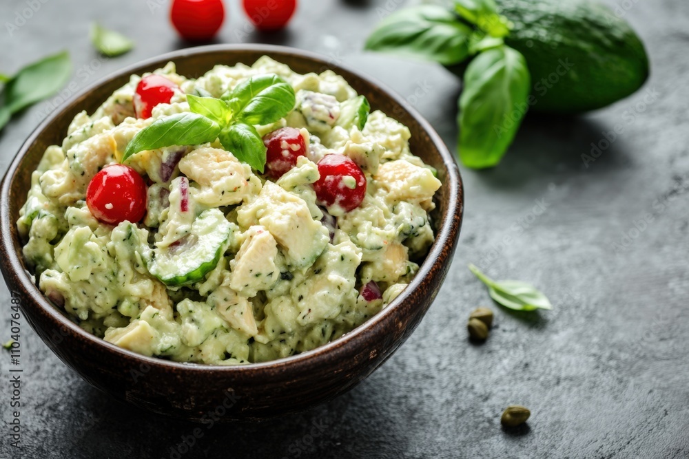 Avocado Tuna Salad with Creamy Basil Dressing in a Boat Shaped Bowl Avocado Tuna Salad with Creamy Basil Dressing in a Boat Shaped Bowl