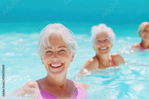 Joyful senior women in a pool enjoying their time together