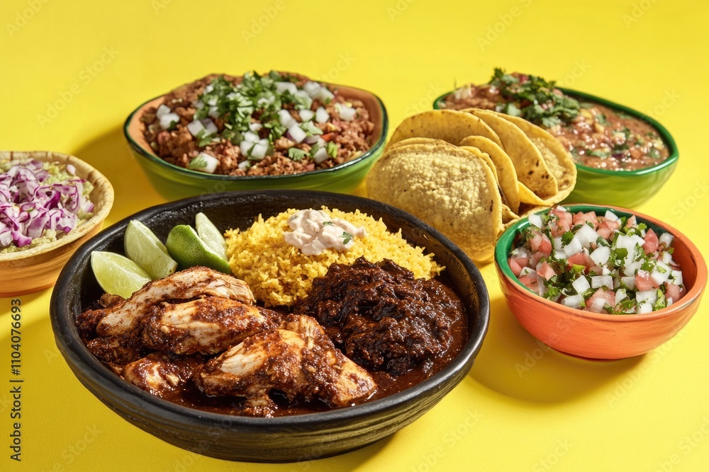 A table filled with bowls of food and tacos, perfect for a casual gathering or party A table filled with bowls of food and tacos, perfect for a casual gathering or party
