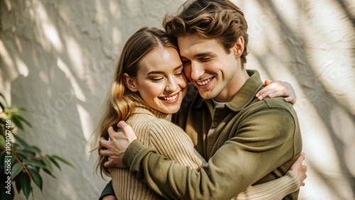 Young couple enjoying a warm embrace outdoors, showcasing affection, happiness, and connection in a natural and serene environment under soft lighting.