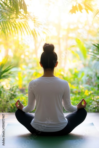 Wallpaper Mural Woman meditating in serene sunlit garden setting Torontodigital.ca