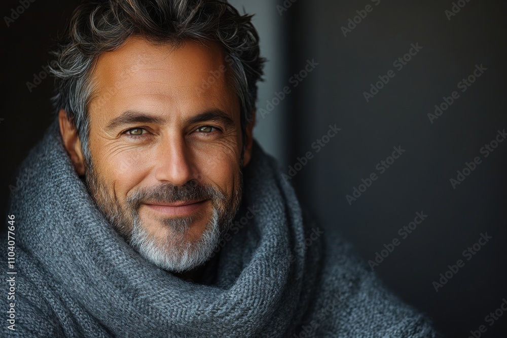 Elderly man in a gray sweater and scarf. A warm and sophisticated portrait against a dark background. Perfect for elegant and professional banners. Elderly man in a gray sweater and scarf. A warm and sophisticated portrait against a dark background. Perfect for elegant and professional banners.