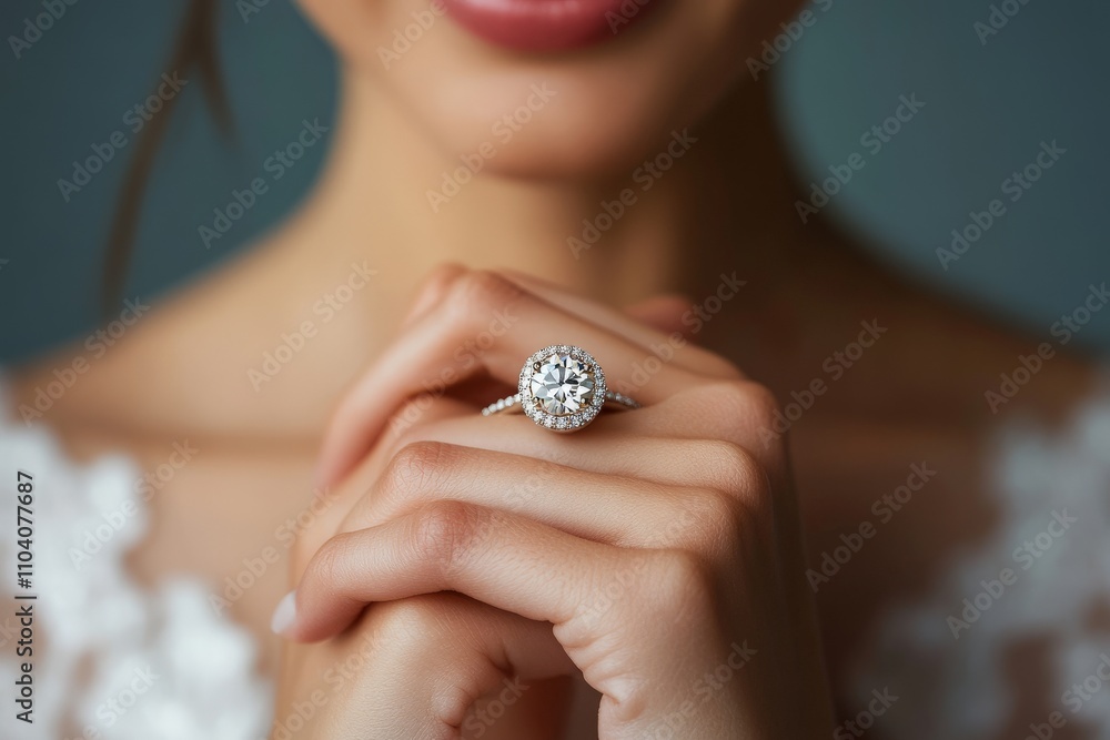 A detailed close-up of a bride's hand showcasing an exquisite diamond engagement ring, emphasizing the elegance and luxury of wedding jewelry in a moment of anticipation. A detailed close-up of a bride's hand showcasing an exquisite diamond engagement ring, emphasizing the elegance and luxury of wedding jewelry in a moment of anticipation.