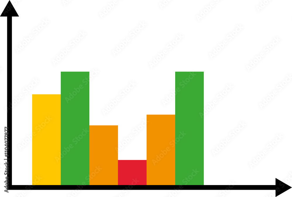 Colorful bar chart with five vertical bars in yellow, green, orange, red, and green, representing different data values.
