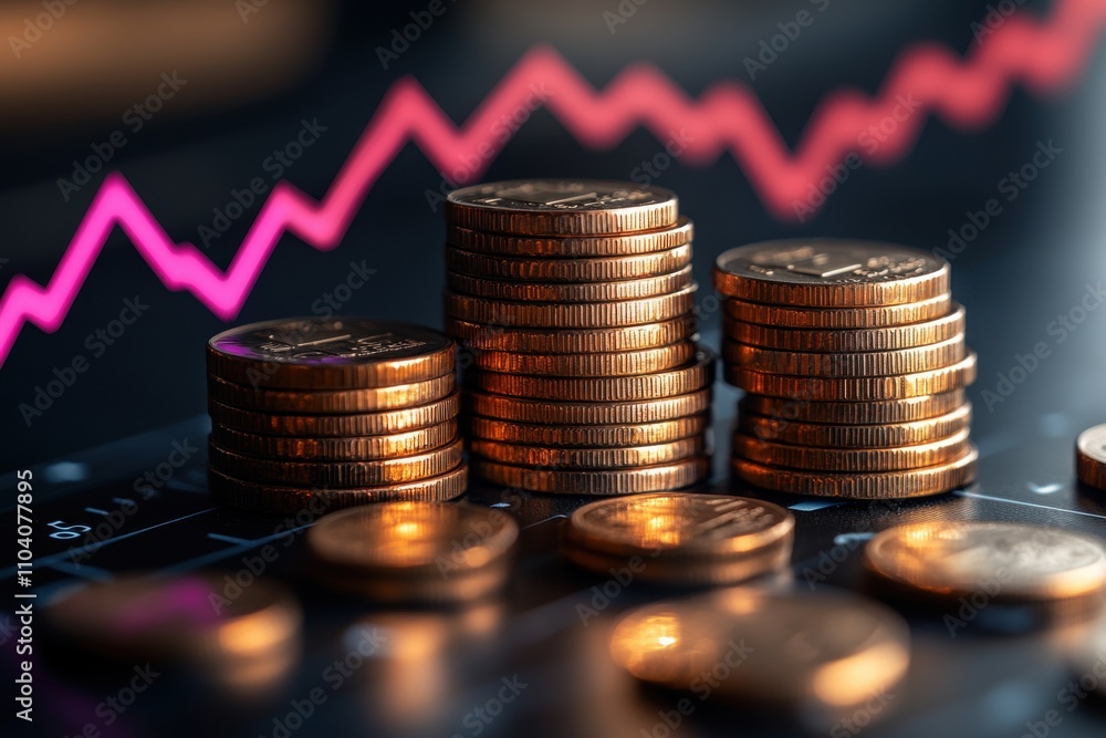 Stacks of coins placed against a graph background. A vibrant symbol of finance and growth. Perfect for business and statistical visuals. Stacks of coins placed against a graph background. A vibrant symbol of finance and growth. Perfect for business and statistical visuals.