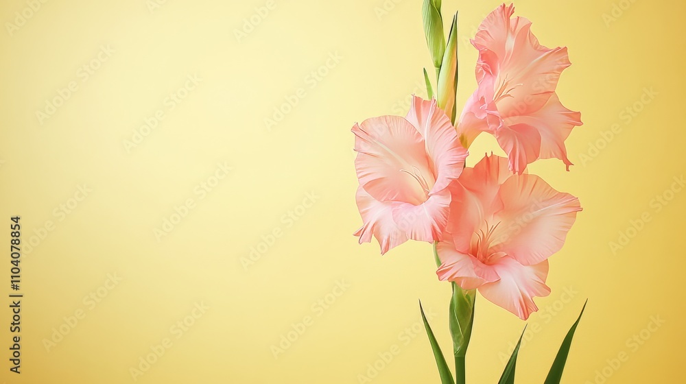 Naklejka premium A delicate pink gladiolus against a soft lemon yellow background, close-up shot, Minimalist style