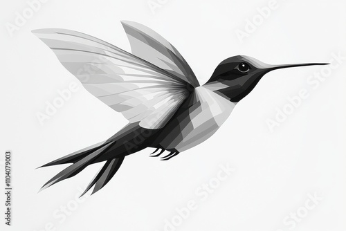 A sleek, stylized hummingbird in shades of gray, captured mid-flight with elegantly spread wings. photo