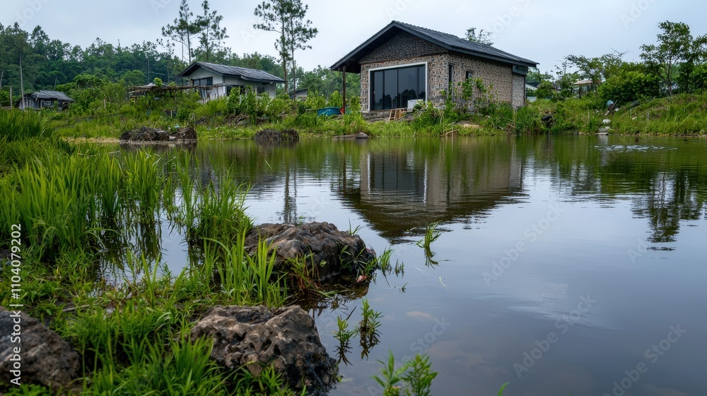 Sustainable home design by tranquil pond eco-friendly architecture serene landscape rural retreat nature-inspired living Sustainable home design by tranquil pond eco-friendly architecture serene landscape rural retreat nature-inspired living