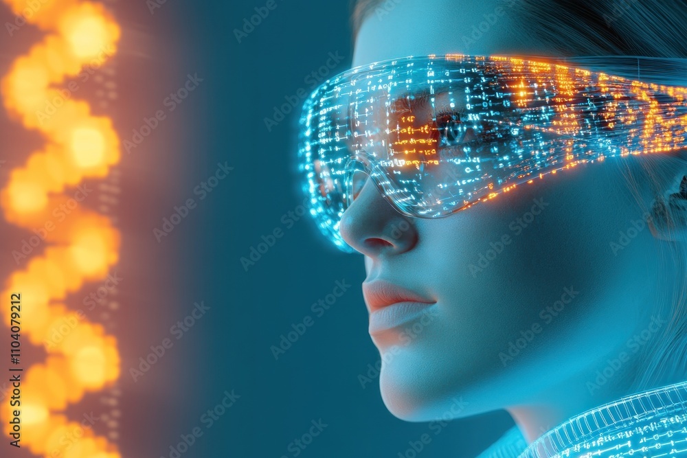 Person in digital reality with data and light elements Person in digital reality with data and light elements