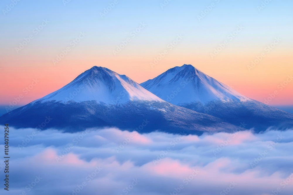Majestic twin snow-capped mountains rise above a sea of clouds during sunrise, showcasing stunning pastel hues. Majestic twin snow-capped mountains rise above a sea of clouds during sunrise, showcasing stunning pastel hues.