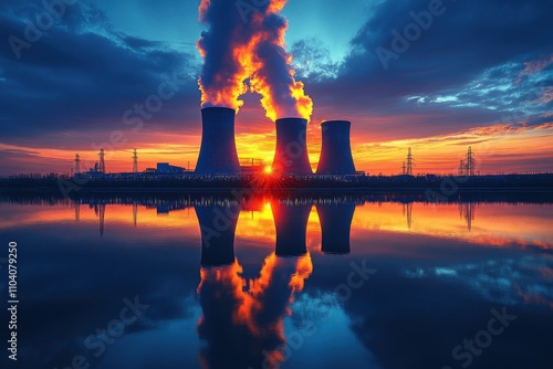 Factory chimneys emitting smoke with a cityscape backdrop. A powerful industrial and environmental visual. Perfect for production and sustainability-themed banners. photo