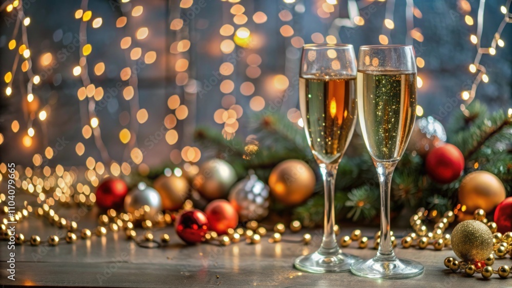 Toasting with Sparkling Champagne Glasses Surrounded by Festive Ornaments and Twinkling Fairy Lights, Perfect for Celebrations and Holiday Gatherings Toasting with Sparkling Champagne Glasses Surrounded by Festive Ornaments and Twinkling Fairy Lights, Perfect for Celebrations and Holiday Gatherings