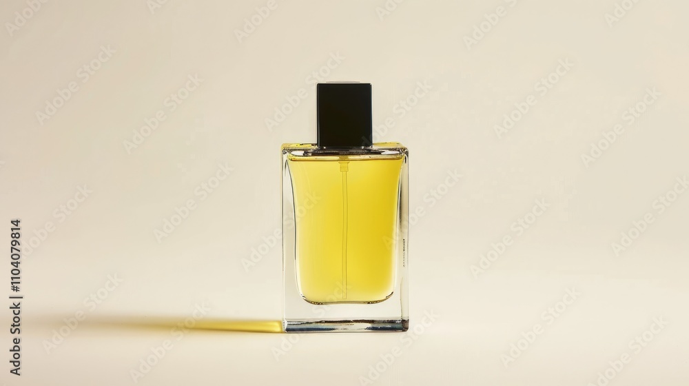 Yellow perfume in clear bottle, black lid isolated on white, no people Yellow perfume in clear bottle, black lid isolated on white, no people