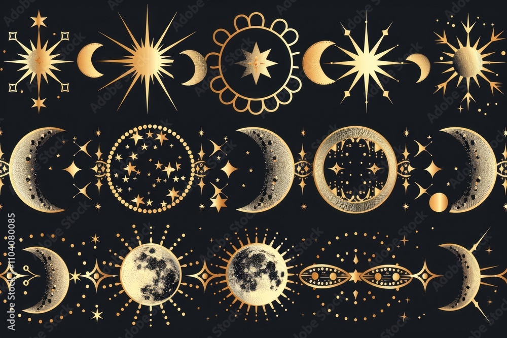 Cosmic scene with a collection of stars and the moon on a dark background, ideal for use in space-themed designs or as a background element Cosmic scene with a collection of stars and the moon on a dark background, ideal for use in space-themed designs or as a background element
