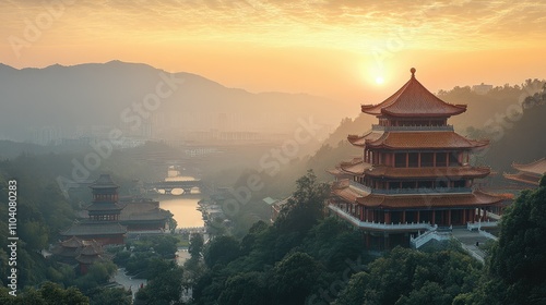 Wallpaper Mural Serene sunset over traditional architecture in a lush landscape. Torontodigital.ca