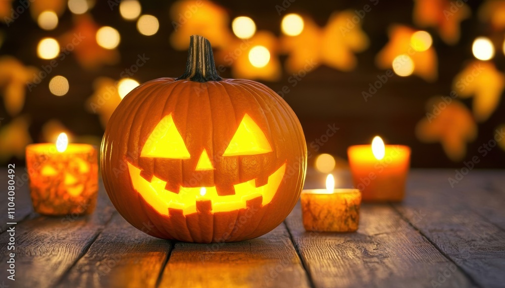 Fototapeta premium A glowing jack-o'-lantern on a wooden table surrounded by candles and autumn leaves, creating a festive Halloween ambiance.
