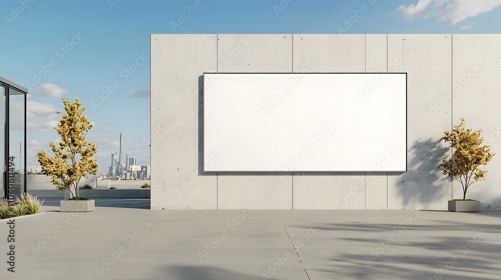 Billboard mounted on a minimalist concrete wall, overlooking an empty pedestrian zone. Billboard mounted on a minimalist concrete wall, overlooking an empty pedestrian zone.