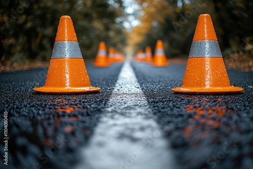 Traffic cones on an empty road with a forest backdrop. A sleek and minimalistic design. Ideal for transportation and safety-themed banners. photo