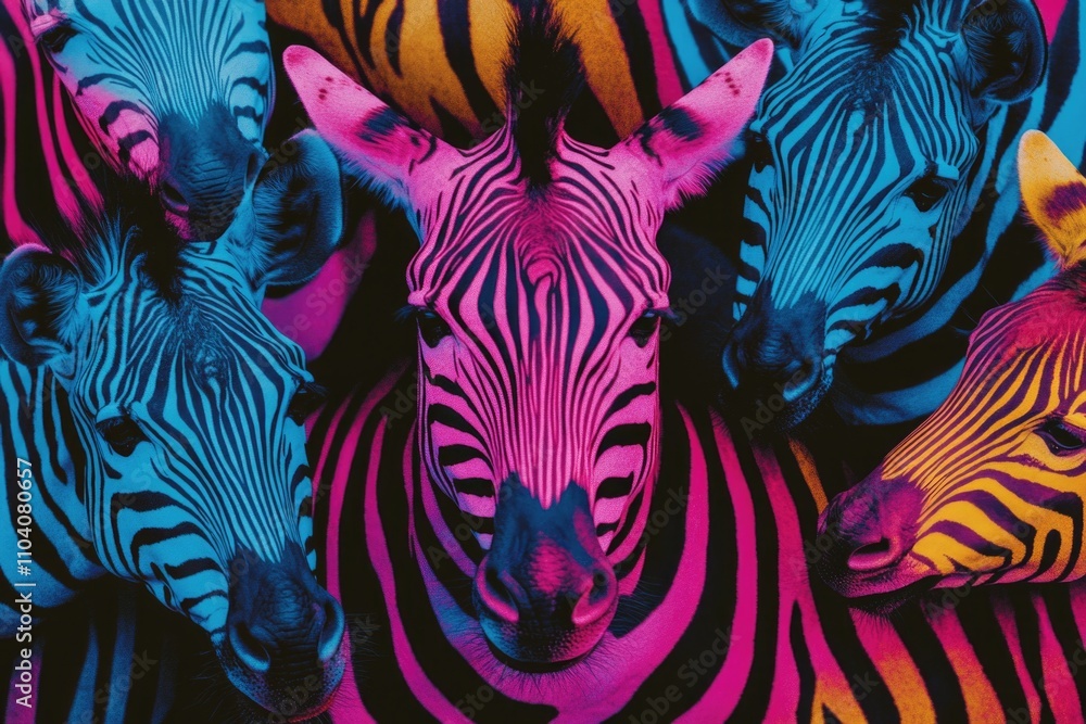 A group of zebras standing together in a single row, showcasing their unique black and white stripes A group of zebras standing together in a single row, showcasing their unique black and white stripes
