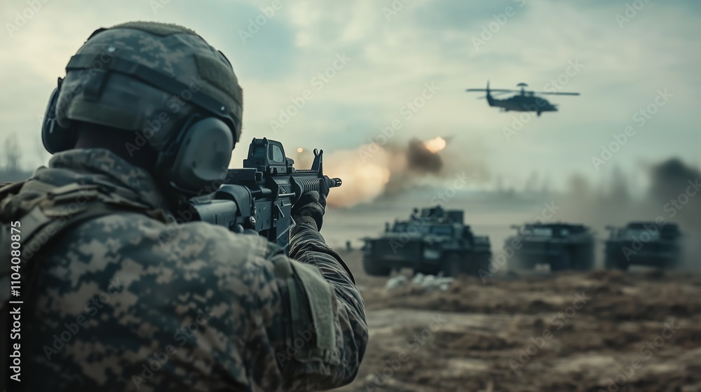 A fully equipped soldier wearing camouflage uniform attacks a military helicopter. Military vehicles in the background. Back view A fully equipped soldier wearing camouflage uniform attacks a military helicopter. Military vehicles in the background. Back view