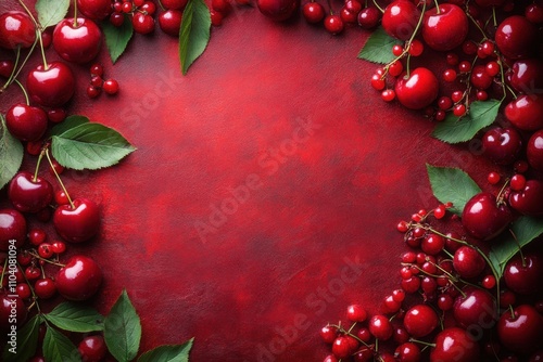 Cherry frame on a vibrant red background. A bright and creative design. Perfect for food and decorative banners. photo