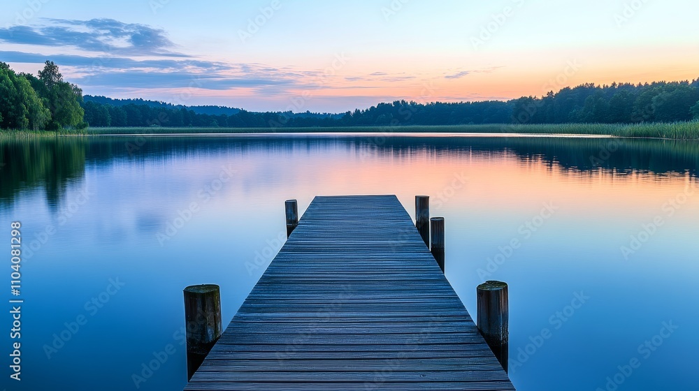 A tranquil lakeside view with a wooden dock extending into calm waters at sunset. A tranquil lakeside view with a wooden dock extending into calm waters at sunset.