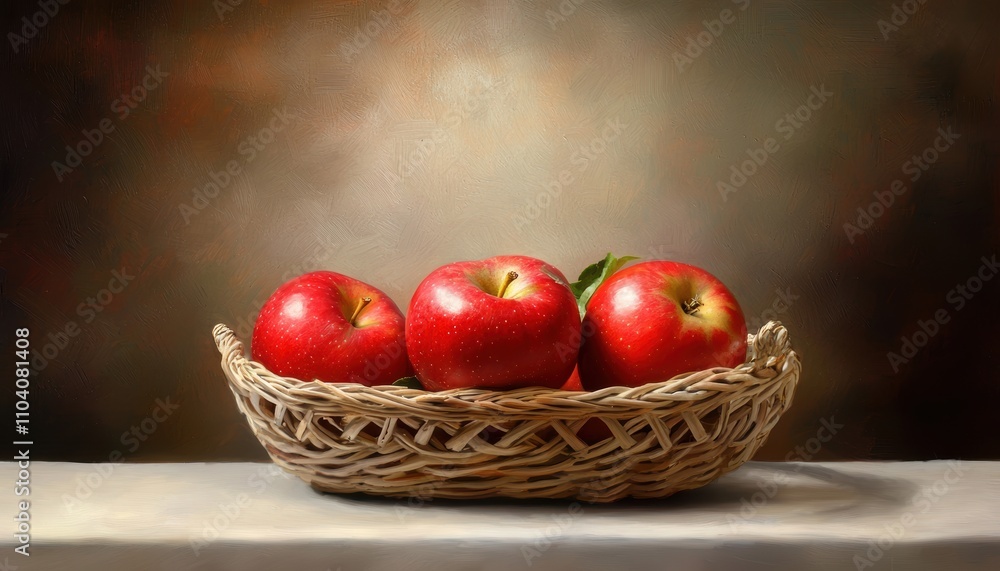 A woven basket holds three vibrant red apples against a softly blurred, earthy background. A woven basket holds three vibrant red apples against a softly blurred, earthy background.