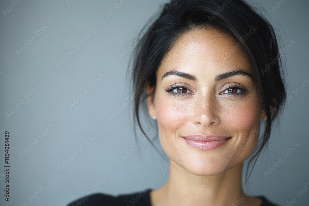 A close-up shot of a woman with a radiant smile and gentle expression, her dark hair framing her face, against a softly blurred background that enhances her features. A close-up shot of a woman with a radiant smile and gentle expression, her dark hair framing her face, against a softly blurred background that enhances her features.