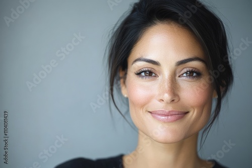 A close-up shot of a woman with a radiant smile and gentle expression, her dark hair framing her face, against a softly blurred background that enhances her features. photo