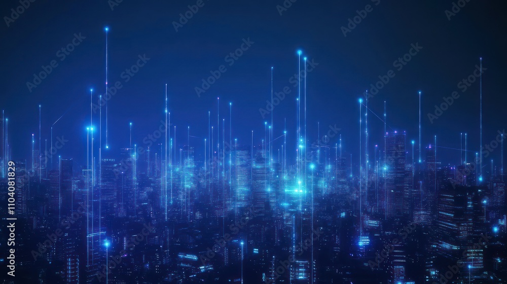 Illuminated cityscape with vertical glowing beams. Illuminated cityscape with vertical glowing beams.