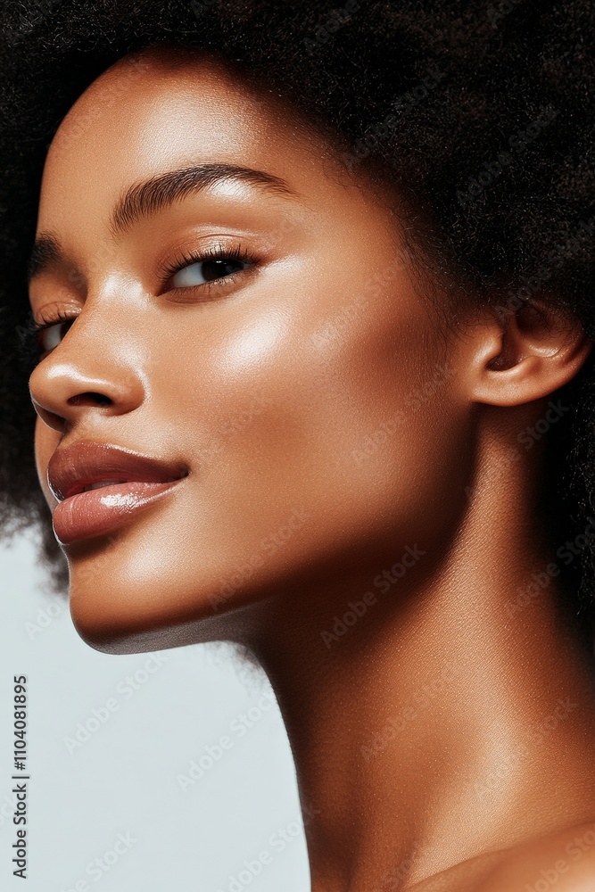 The close-up image captures the radiant glow of a woman's skin, emphasizing her natural beauty, poise, and elegance, embodying perfect skincare philosophy. The close-up image captures the radiant glow of a woman's skin, emphasizing her natural beauty, poise, and elegance, embodying perfect skincare philosophy.