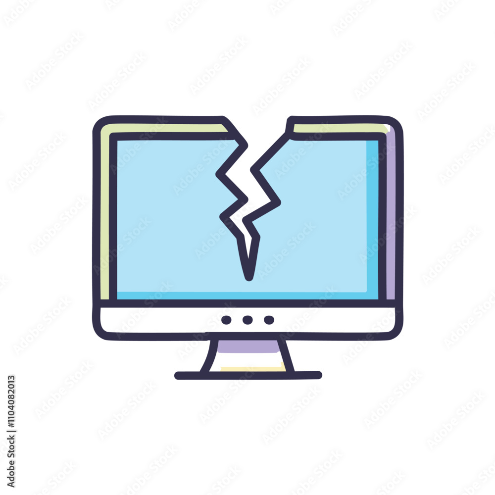 Broken computer screen. Cracked monitor display, signifying system failure or data loss. Represents vulnerability and fragility. Broken computer screen. Cracked monitor display, signifying system failure or data loss. Represents vulnerability and fragility.