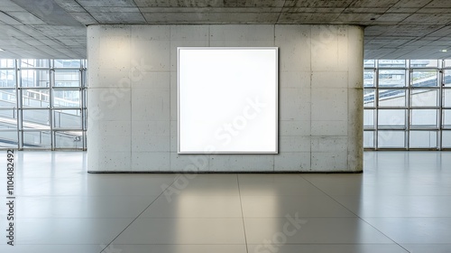 Vertical blank billboard in a subway station, surrounded by modern concrete walls and glowing lights.