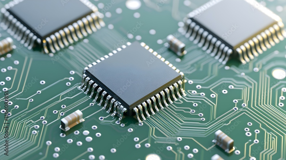Intricate Microchips on Green Circuit Board - Softly Illuminated Technology with Resistors and Capacitors in Minimalistic Design Perfect for Tech and Electronics Projects Intricate Microchips on Green Circuit Board - Softly Illuminated Technology with Resistors and Capacitors in Minimalistic Design Perfect for Tech and Electronics Projects