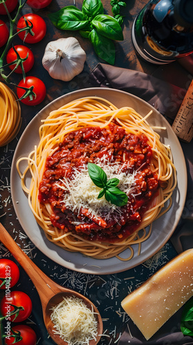 Delicious Homemade Spaghetti with Fresh Ingredients - Flat Lay Food Photography