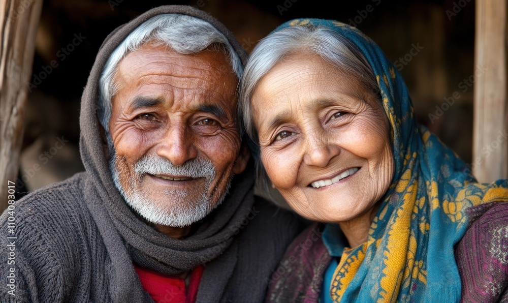 Elderly Couple Smiling Warmly in Traditional Clothing Elderly Couple Smiling Warmly in Traditional Clothing