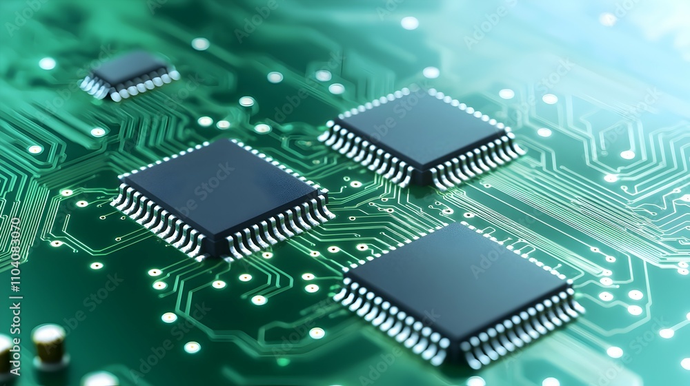Intricate PCB Design with Three Chips and Metallic Connections - Close-Up of Minimalistic Electronic Circuitry Featuring Resistors and Soft Shadows on Green Background Intricate PCB Design with Three Chips and Metallic Connections - Close-Up of Minimalistic Electronic Circuitry Featuring Resistors and Soft Shadows on Green Background