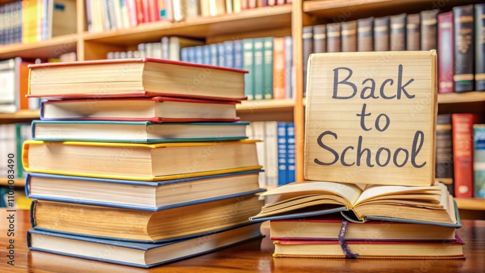 Stacked Books with Educational Theme for Back to School Season in a Library Setting, Featuring Open Book and Wooden Sign with Text on a Desk Stacked Books with Educational Theme for Back to School Season in a Library Setting, Featuring Open Book and Wooden Sign with Text on a Desk