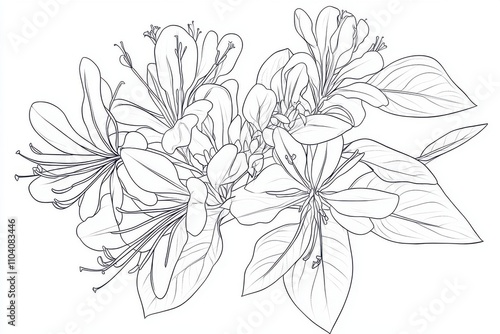 Wallpaper Mural A detailed line drawing of blooming flowers with intricate petals and leaves, showcasing botanical beauty. Torontodigital.ca