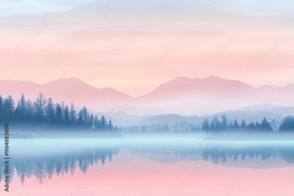 Fototapeta premium A serene landscape of misty mountains and calm waters at dawn, featuring soft pastel colors blending harmoniously.